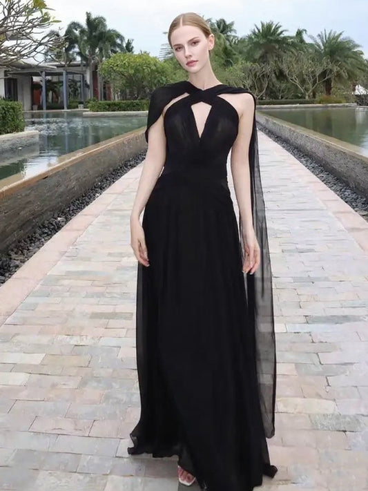 Black Tulle Pleating Criss-cross Backless A-line Formal Dresses With Ribbons, CP1058