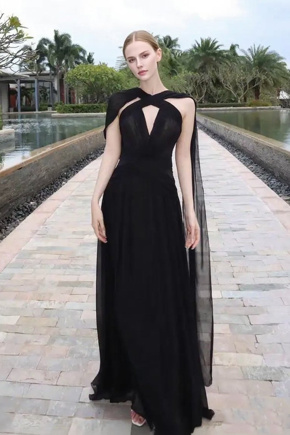 Black Tulle Pleating Criss-cross Backless A-line Formal Dresses With Ribbons, CP1058