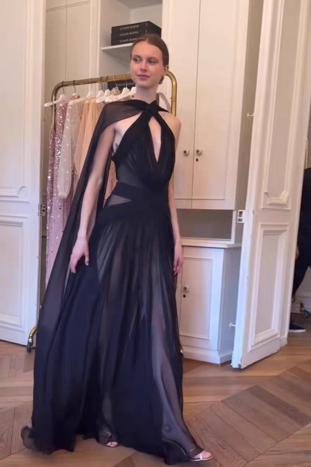 Black Tulle Pleating Criss-cross Backless A-line Formal Dresses With Ribbons, CP1058