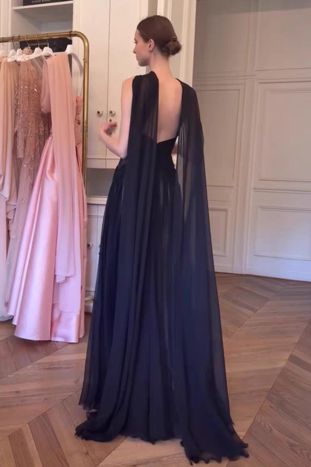 Black Tulle Pleating Criss-cross Backless A-line Formal Dresses With Ribbons, CP1058