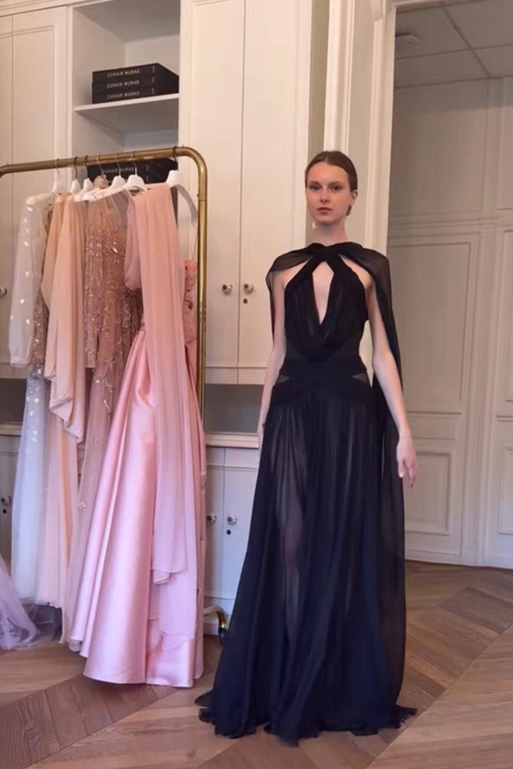 Black Tulle Pleating Criss-cross Backless A-line Formal Dresses With Ribbons, CP1058