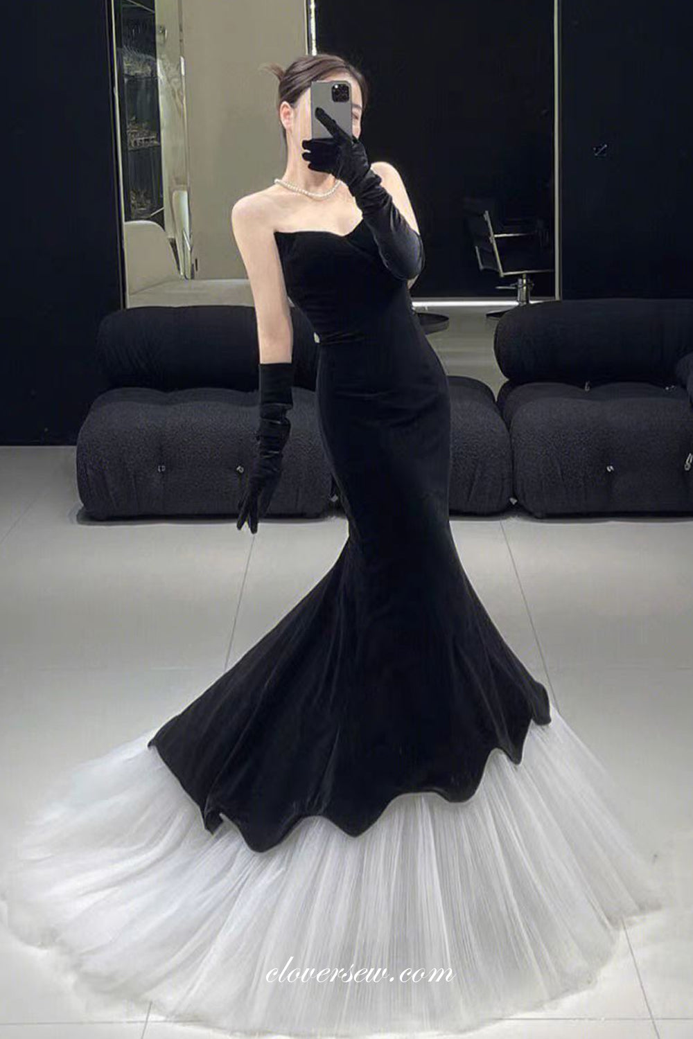 Black Velvet Pleating Tulle Mermaid Strapless Charming Formal Dresses, CP1071