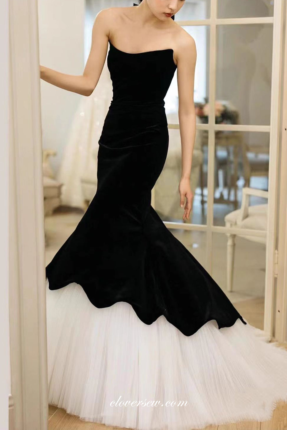 Black Velvet Pleating Tulle Mermaid Strapless Charming Formal Dresses, clover sew Black Velvet Pleating Tulle Mermaid Strapless Charming Formal Dresses, clover sew