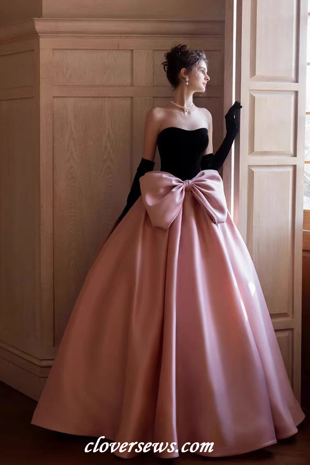 Black Velvet Top Pink Satin With Bowknot Ball Gown Prom Gown With Long Gloves,CP1143