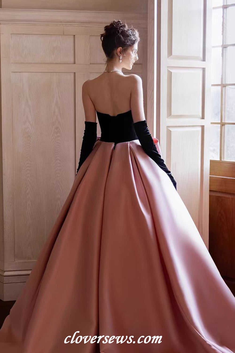 Black Velvet Top Pink Satin With Bowknot Ball Gown Prom Gown With Long Gloves,CP1143