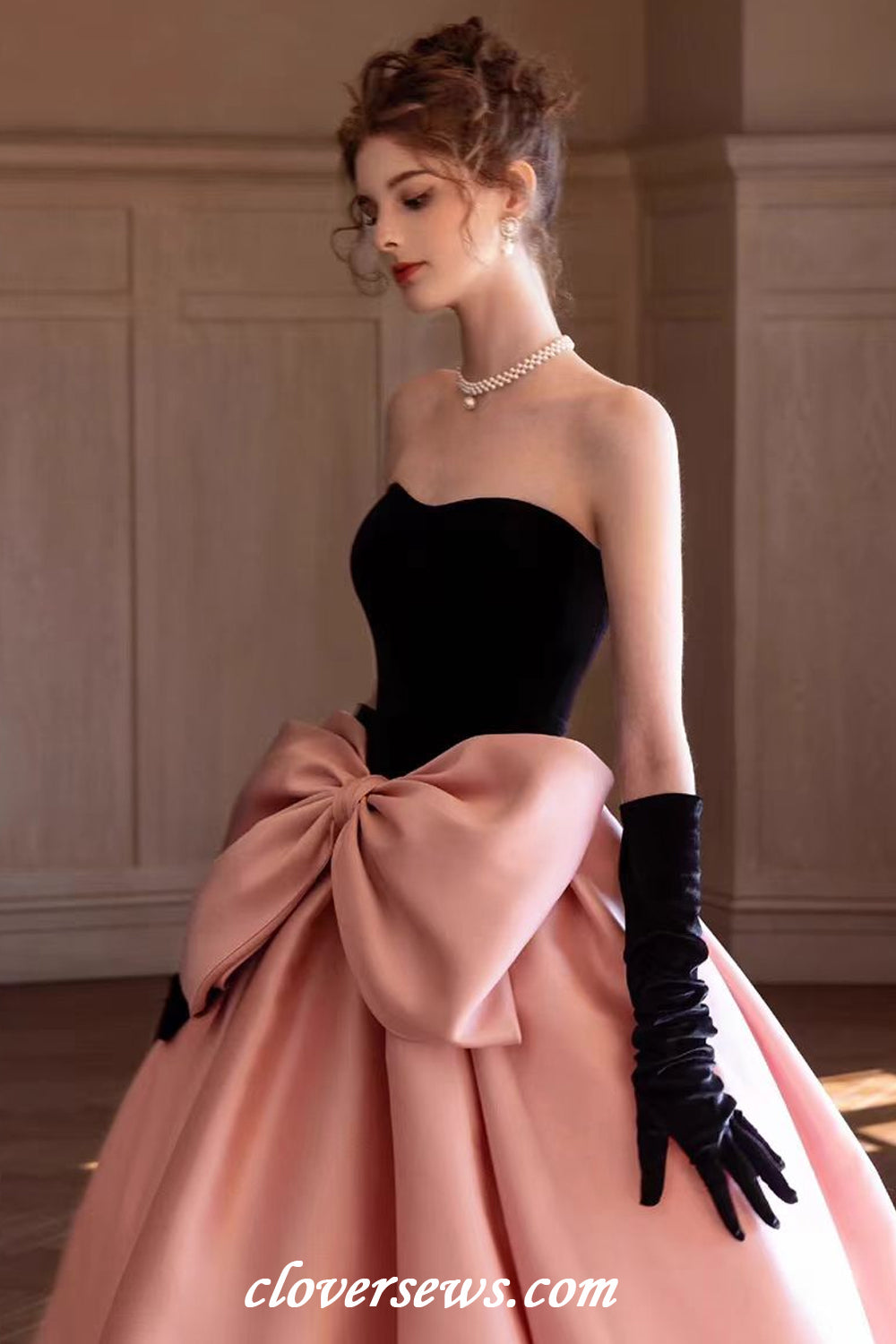 Black Velvet Top Pink Satin With Bowknot Ball Gown Prom Gown With Long Gloves,CP1143