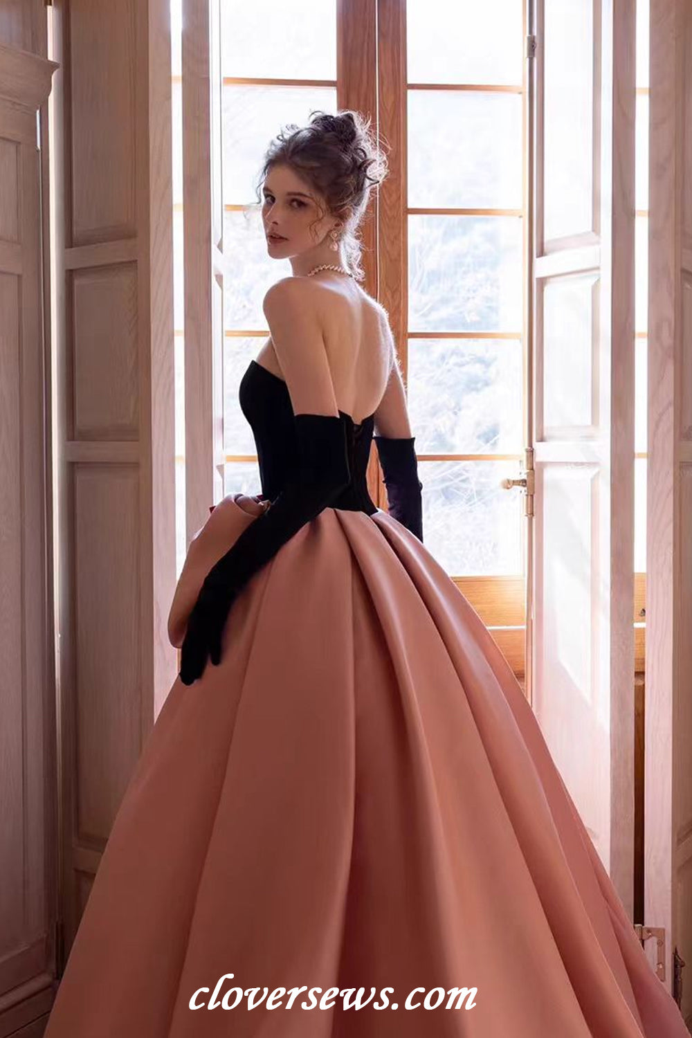 Black Velvet Top Pink Satin With Bowknot Ball Gown Prom Gown With Long Gloves,CP1143 Black Velvet Top Pink Satin With Bowknot Ball Gown Prom Gown With Long Gloves,CP1143