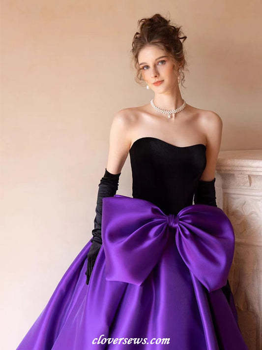 Black Velvet Top Purple Satin With Bowknot Ball Gown Prom Gown With Long Gloves, CP1142