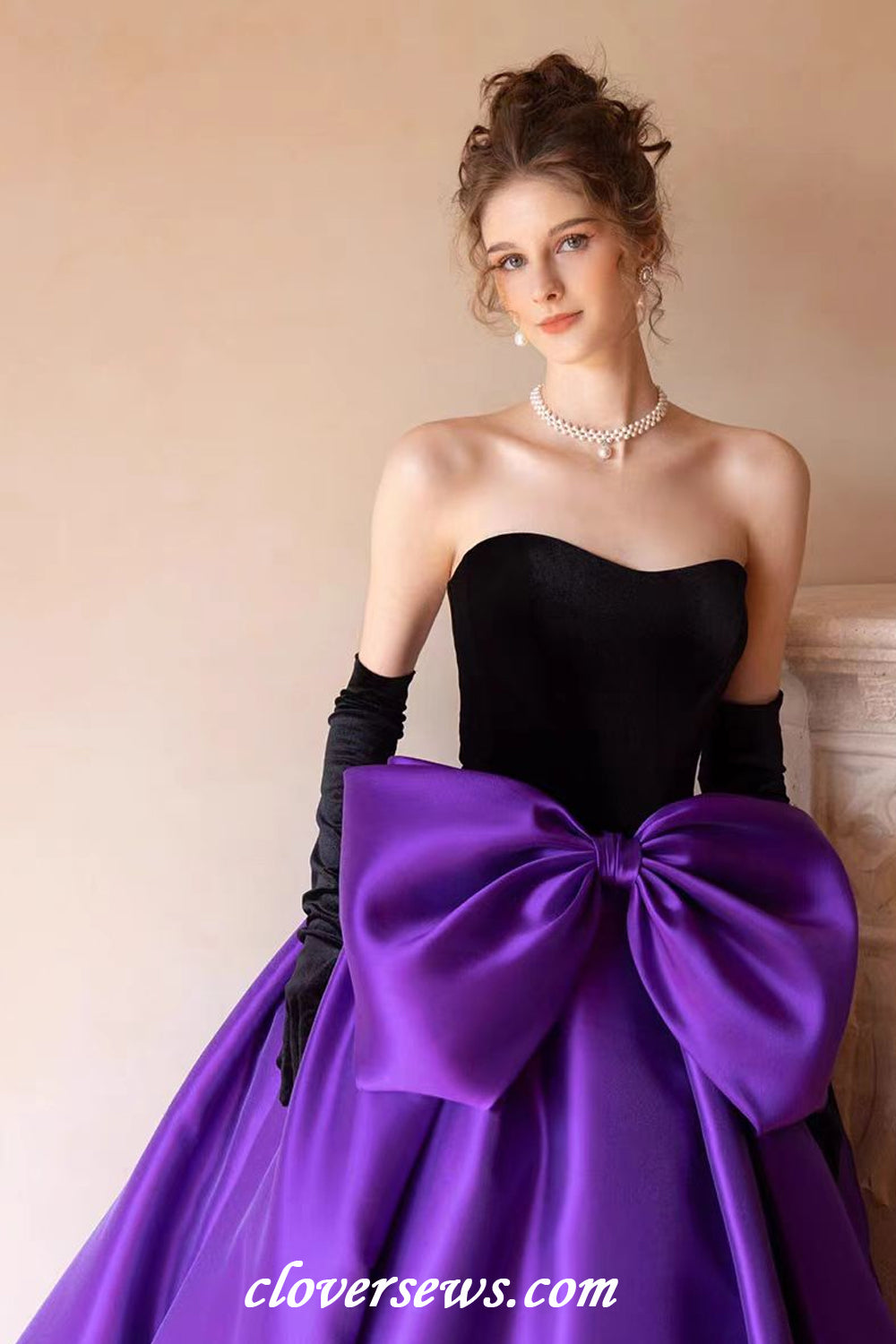 Black Velvet Top Purple Satin With Bowknot Ball Gown Prom Gown With Long Gloves, CP1142 Black Velvet Top Purple Satin With Bowknot Ball Gown Prom Gown With Long Gloves, CP1142