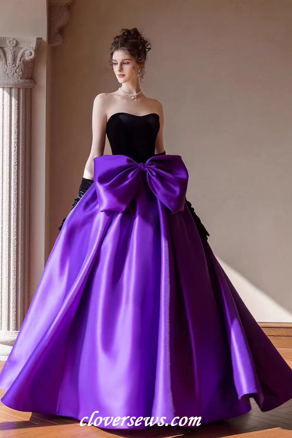 Black Velvet Top Purple Satin With Bowknot Ball Gown Prom Gown With Long Gloves, CP1142 US6 / As Pic Black Velvet Top Purple Satin With Bowknot Ball Gown Prom Gown With Long Gloves, CP1142 US6 / As Pic