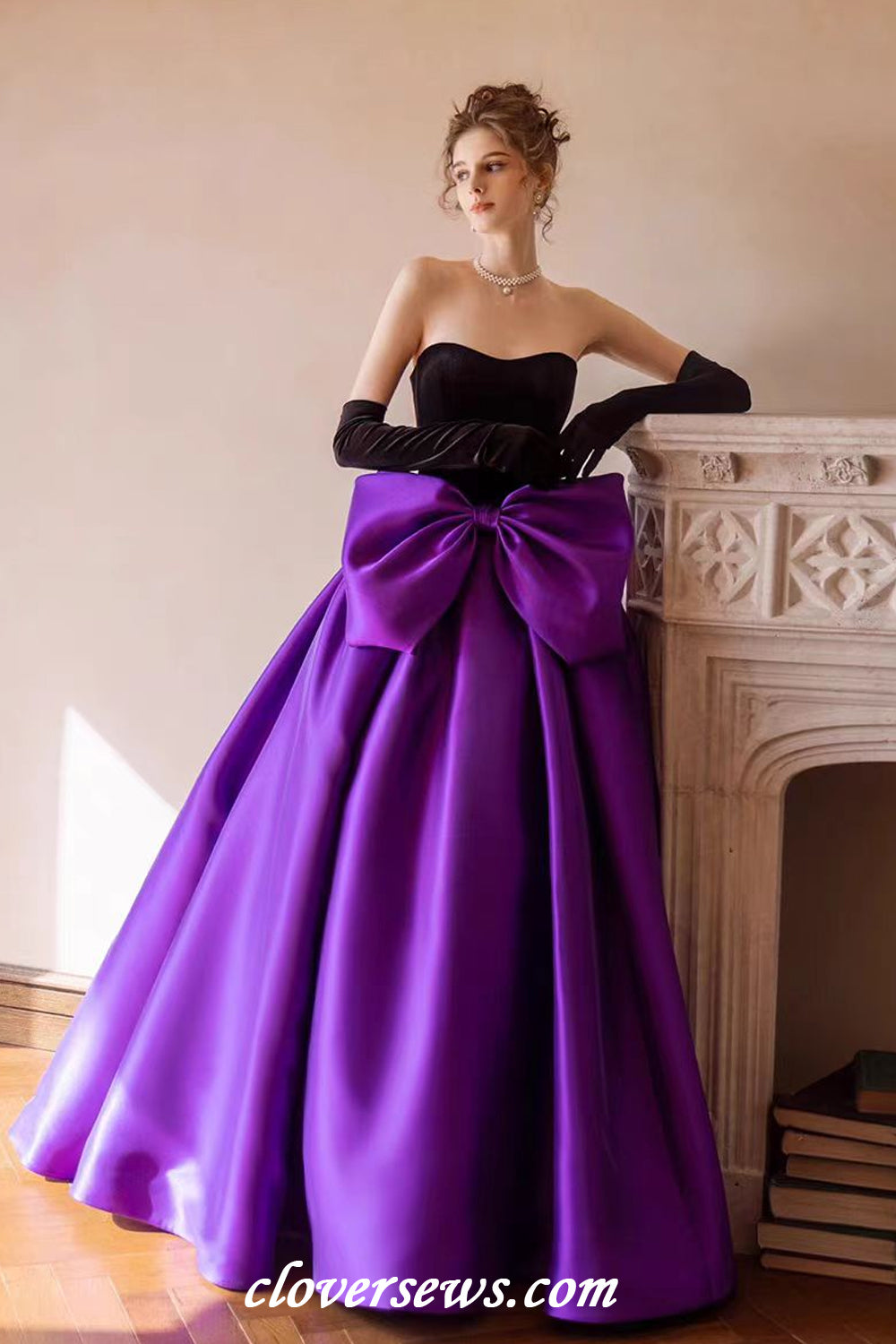 Black Velvet Top Purple Satin With Bowknot Ball Gown Prom Gown With Lo clover sew Black Velvet Top Purple Satin With Bowknot Ball Gown Prom Gown With Lo clover sew