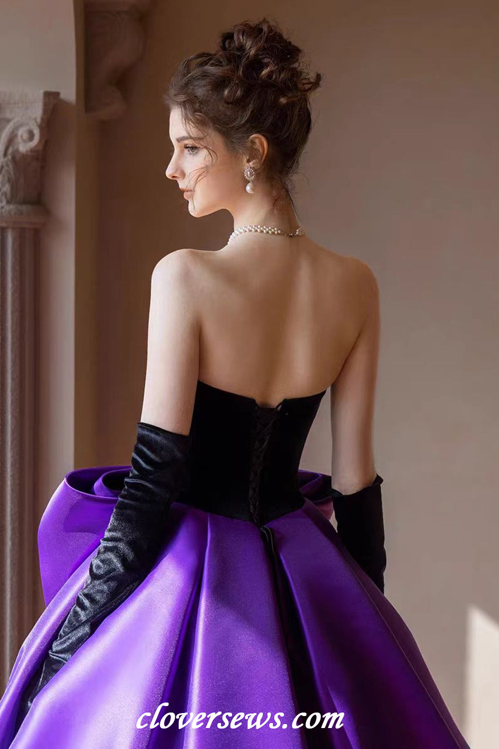 Black Velvet Top Purple Satin With Bowknot Ball Gown Prom Gown With Long Gloves, CP1142 Black Velvet Top Purple Satin With Bowknot Ball Gown Prom Gown With Long Gloves, CP1142