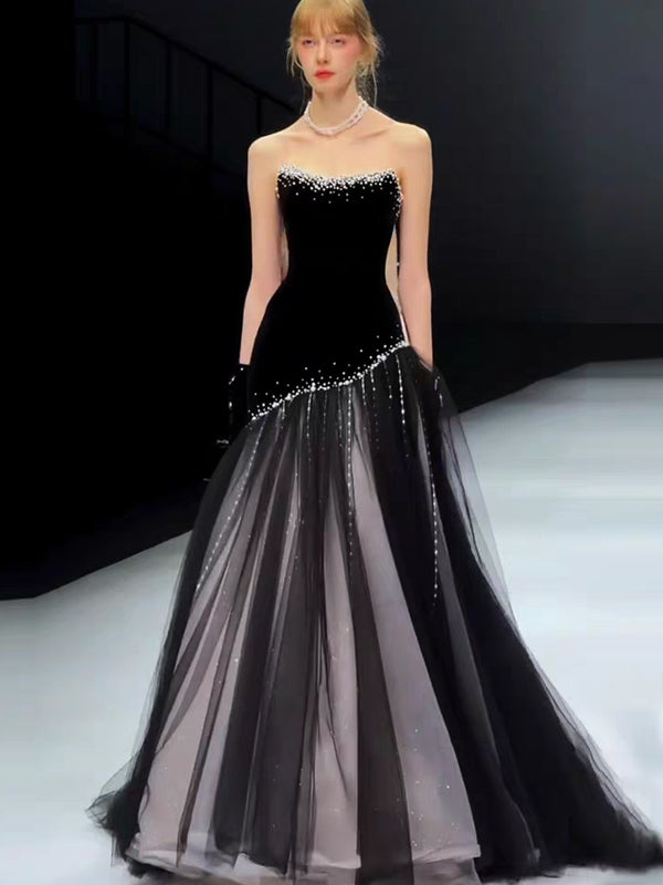 Black Velvet Tulle With Perals Strapless Elegant Formal Dresses, CP1071