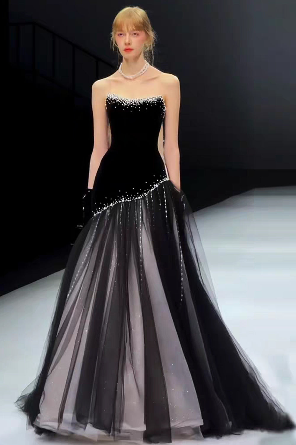 Black Velvet Tulle With Perals Strapless Elegant Formal Dresses, CP1071