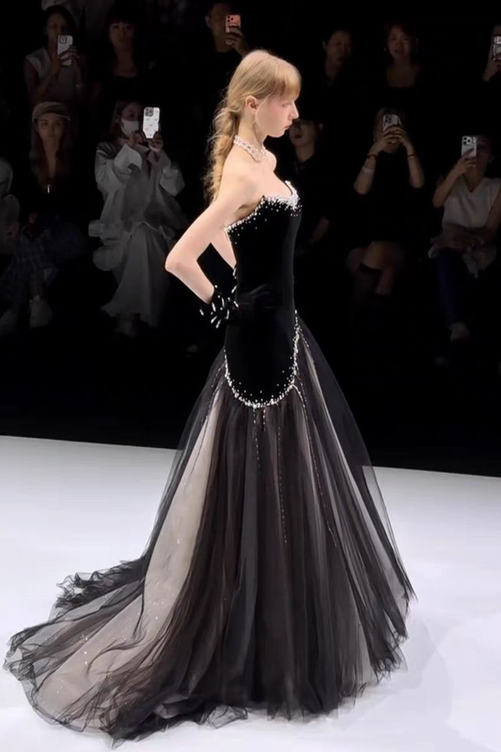 Black Velvet Tulle With Perals Strapless Elegant Formal Dresses, CP1071