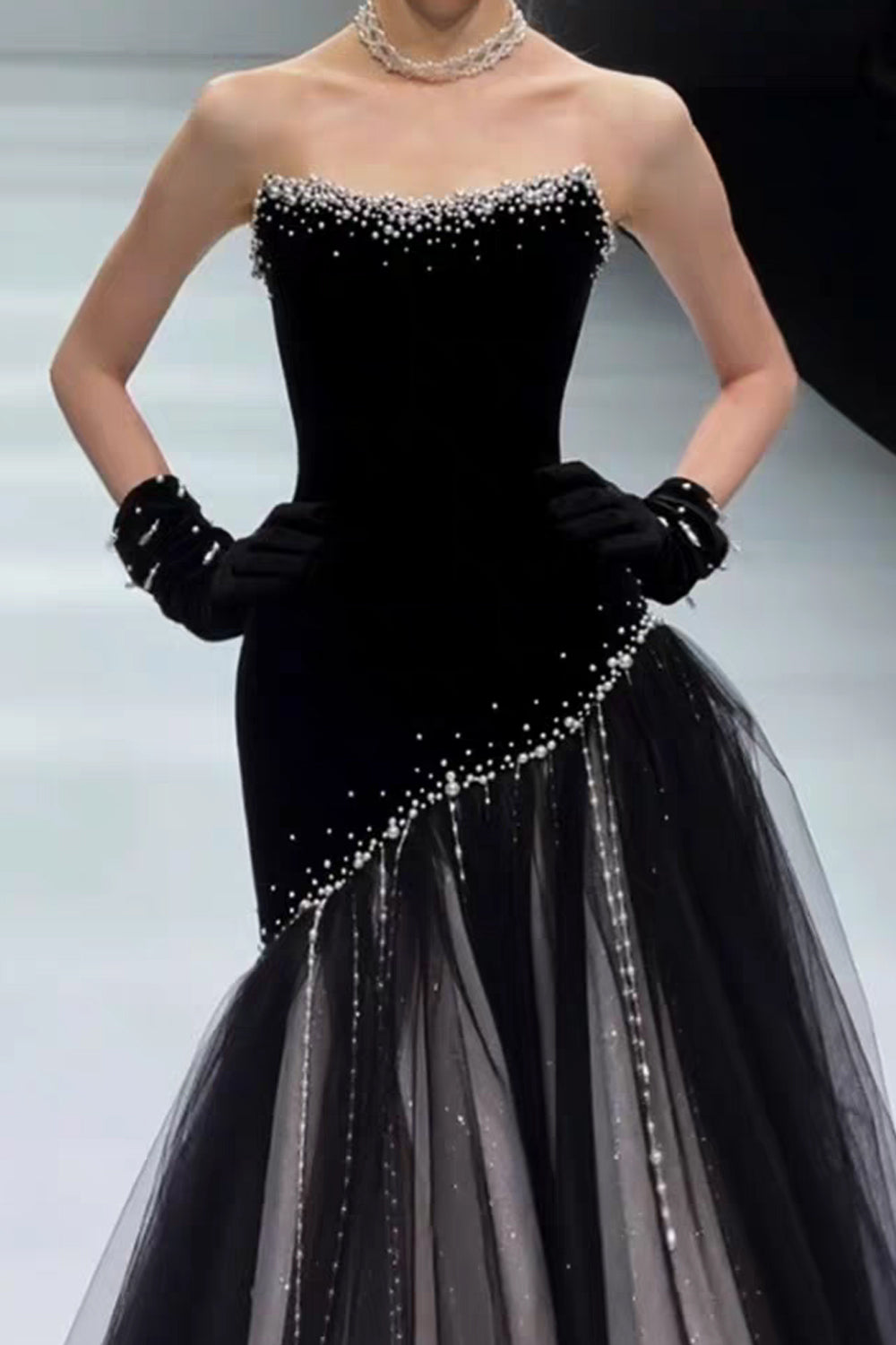 Black Velvet Tulle With Perals Strapless Elegant Formal Dresses, CP1071