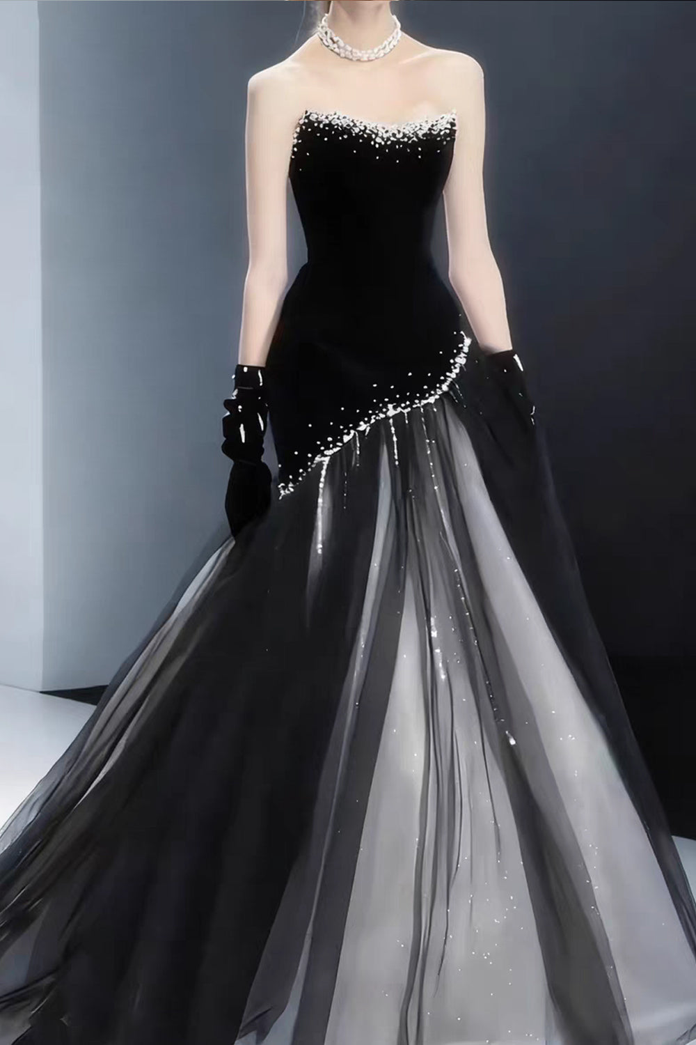Black Velvet Tulle With Perals Strapless Elegant Formal Dresses, CP1071