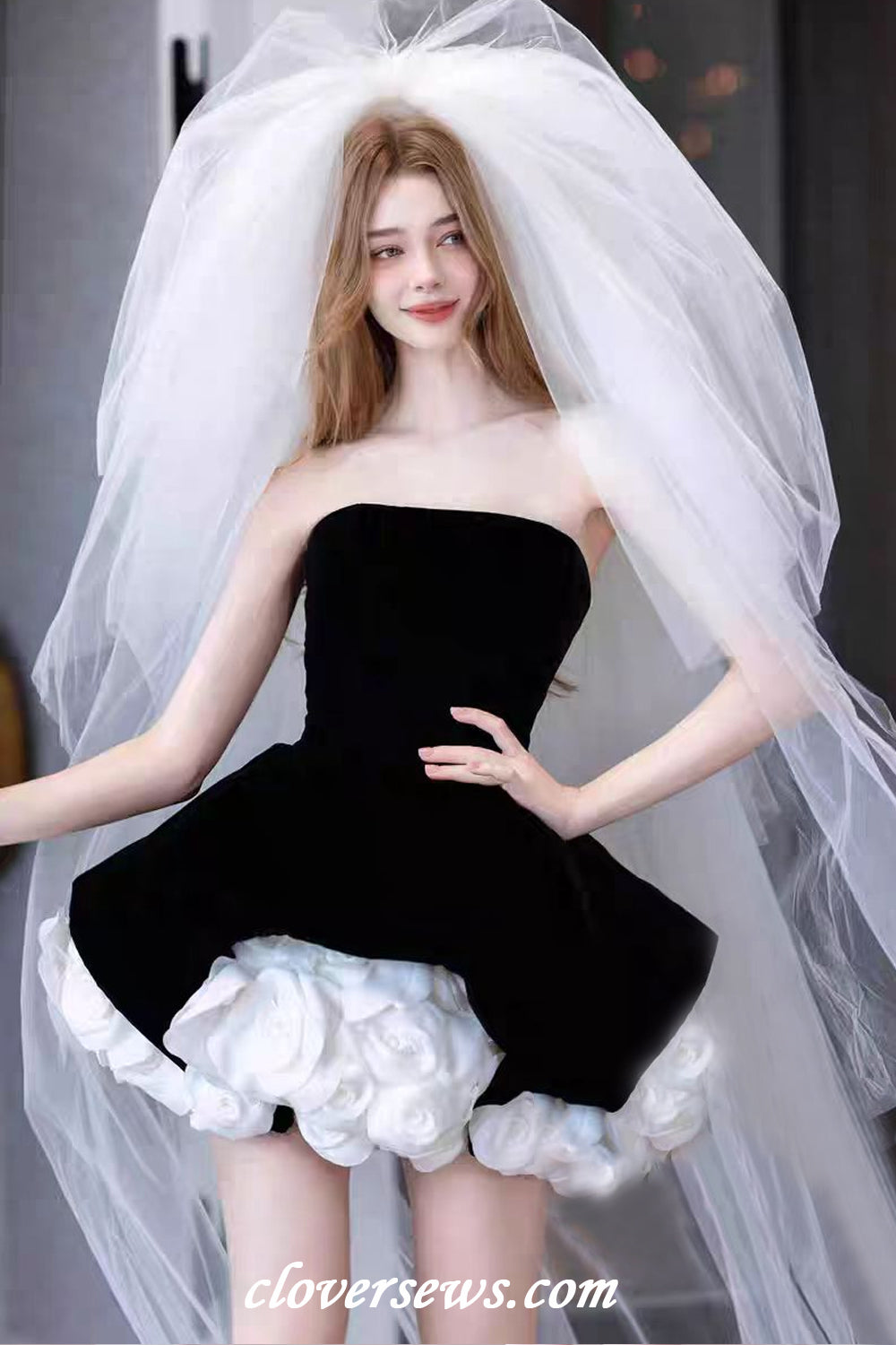 black dress with white roses Black Midi Dress With White Flower Detail