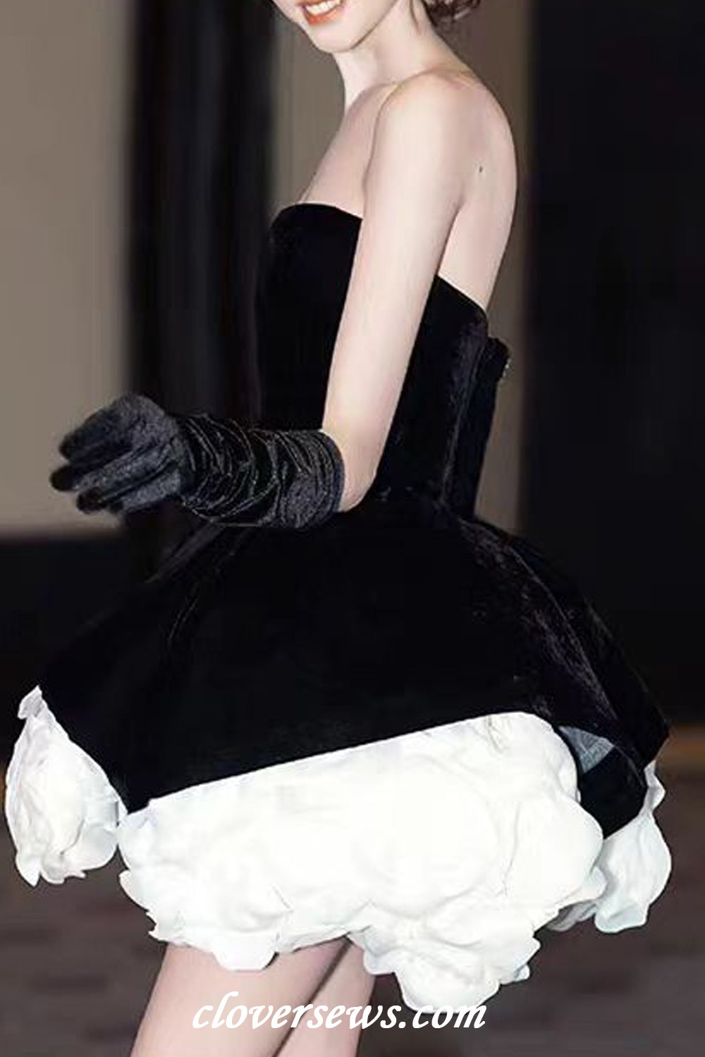 Black Velvet White Rose Flowers Strapless Mini Party Homecoming Dresse clover sew Black Velvet White Rose Flowers Strapless Mini Party Homecoming Dresse clover sew