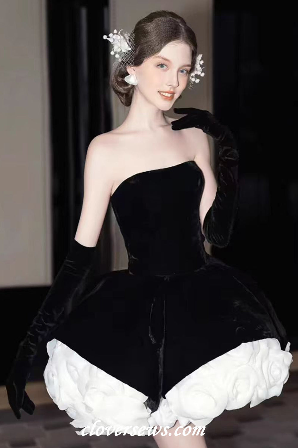 Black Velvet White Rose Flowers Strapless Mini Party Homecoming Dresse clover sew Black Velvet White Rose Flowers Strapless Mini Party Homecoming Dresse clover sew