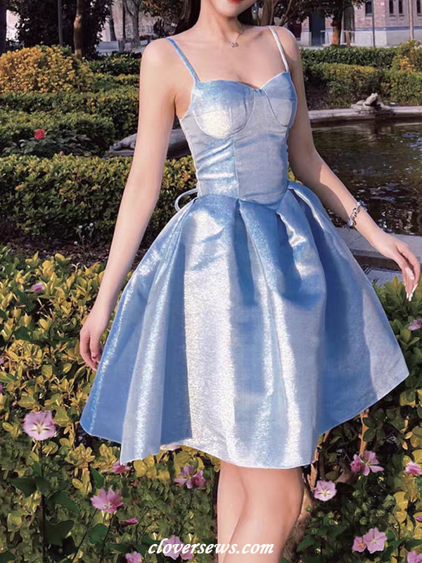 Blue Shiny Satin Sleeveless A-line Fashion Short Mini Hoco Dresses, CH0082 US16 / As Pic