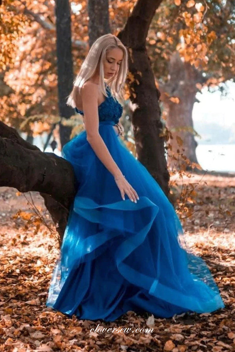 Blue Tulle Lace Applique A-line One Shoulder Prom Dresses, CP1080