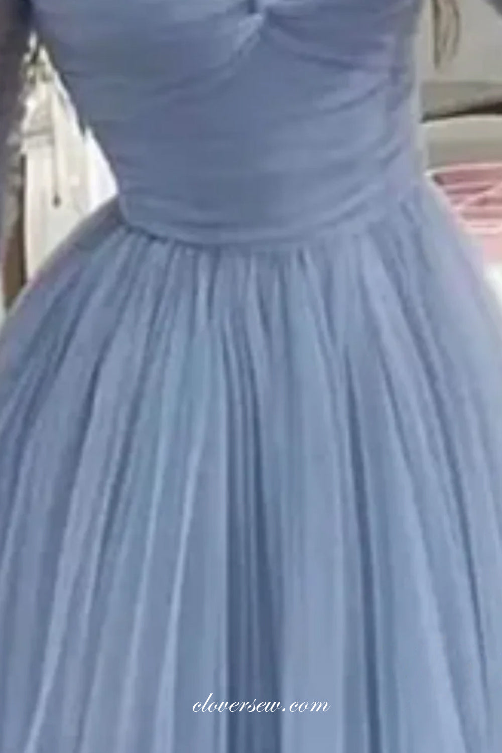 Blue Tulle Pleating Half Sleeves Off The Shoulder A-line Simple Prom Dresses, CP1090