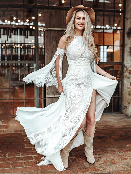 Boho Lace Sleeveless With Detachable Sleeves Sheath Slit Wedding Dresses, CW0417