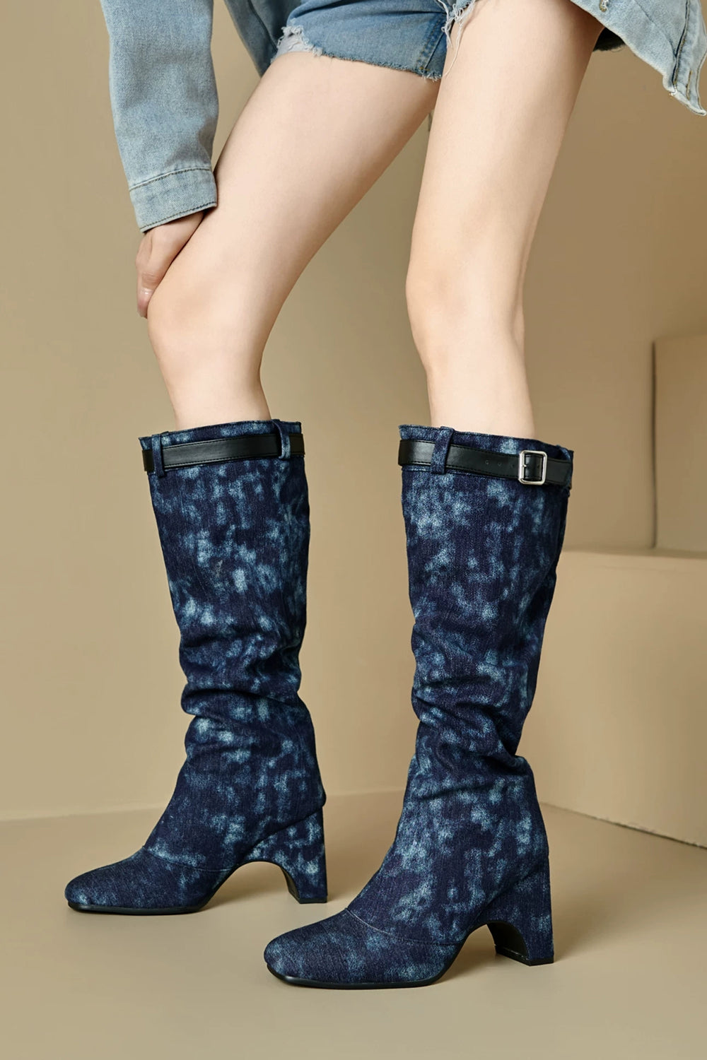 Bold Square Toe Western-Inspired Chunky Heel Buckle Boots