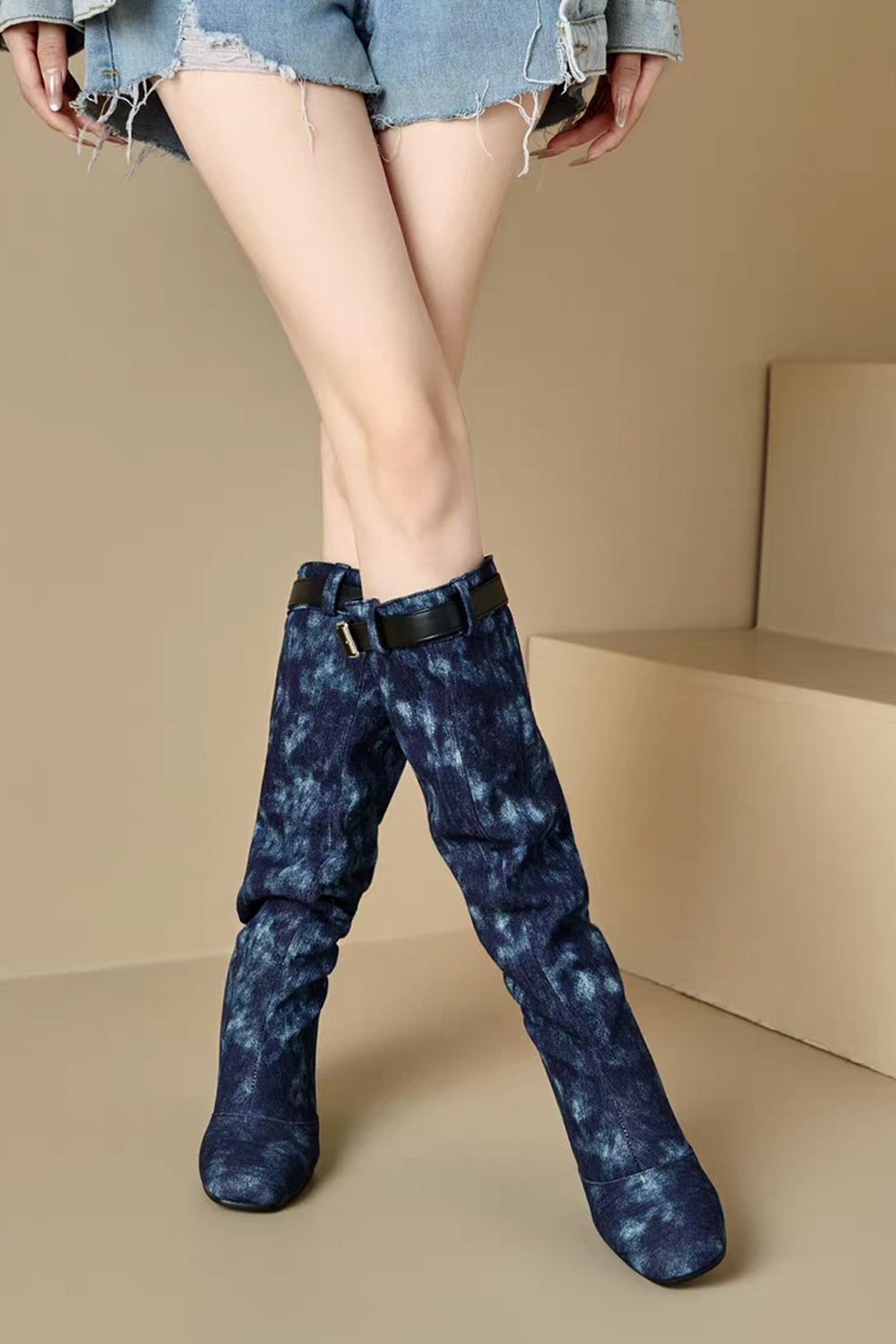 Bold Square Toe Western-Inspired Chunky Heel Buckle Boots