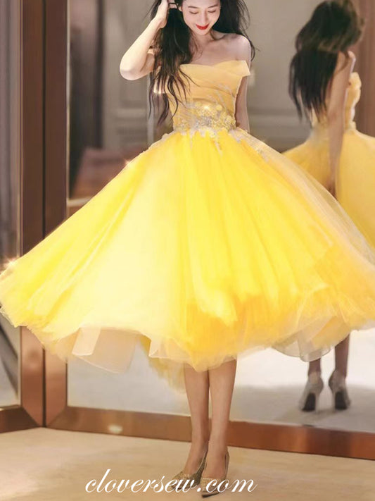 Bright Yellow Puffy Tulle 3D Applique Strapless Ball Gown Short Prom Dresses, CP1130