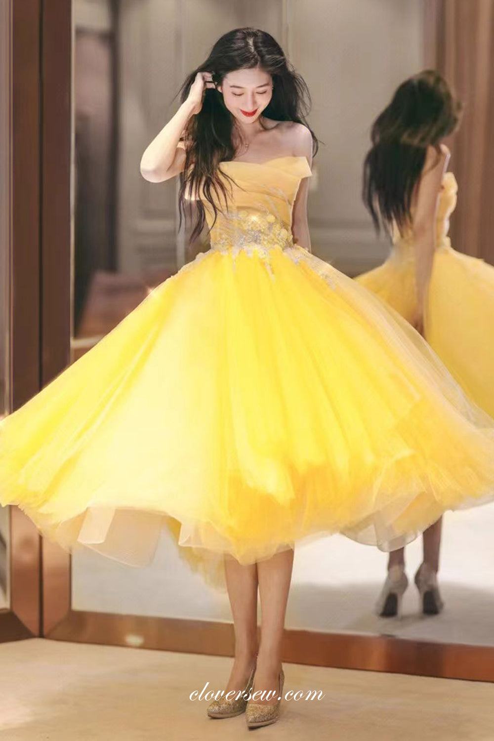 Bright Yellow Puffy Tulle 3D Applique Strapless Ball Gown Short Prom Dresses, CP1130