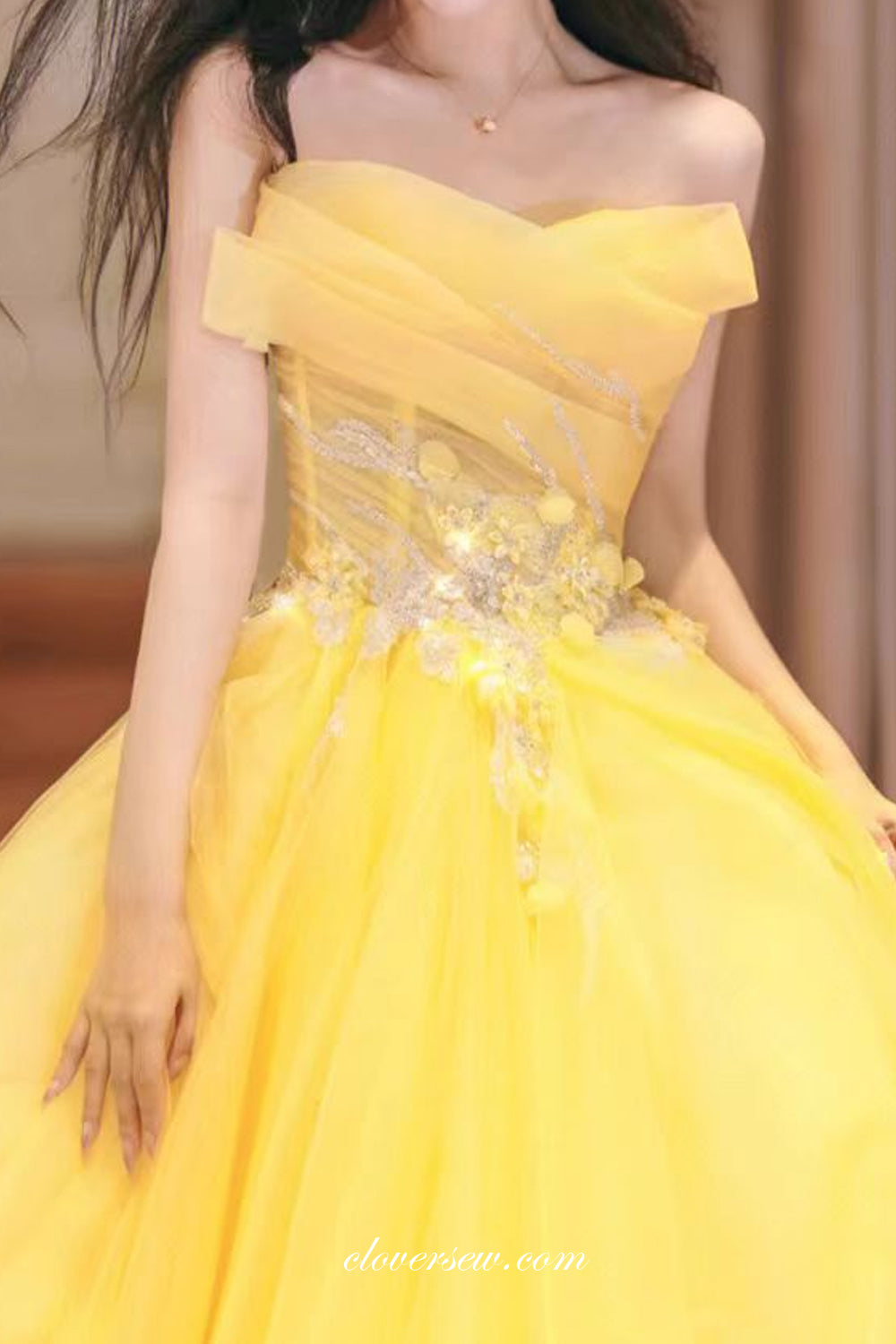 Bright Yellow Puffy Tulle 3D Applique Strapless Ball Gown Short Prom Dresses, CP1130