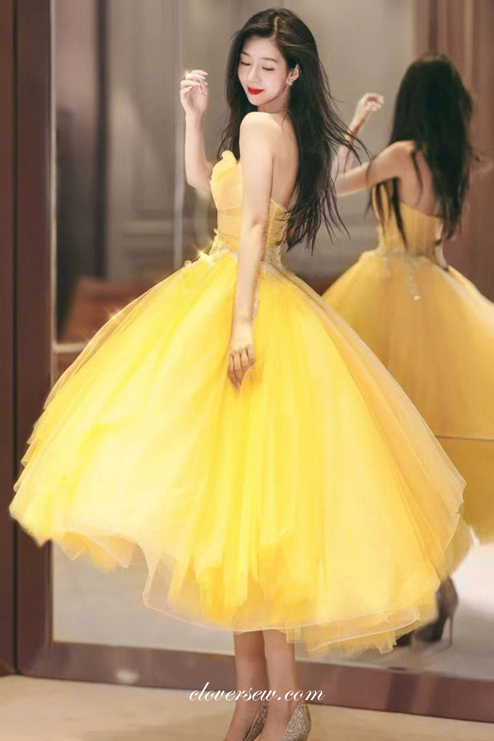 Bright Yellow Puffy Tulle 3D Applique Strapless Ball Gown Short Prom Dresses, CP1130