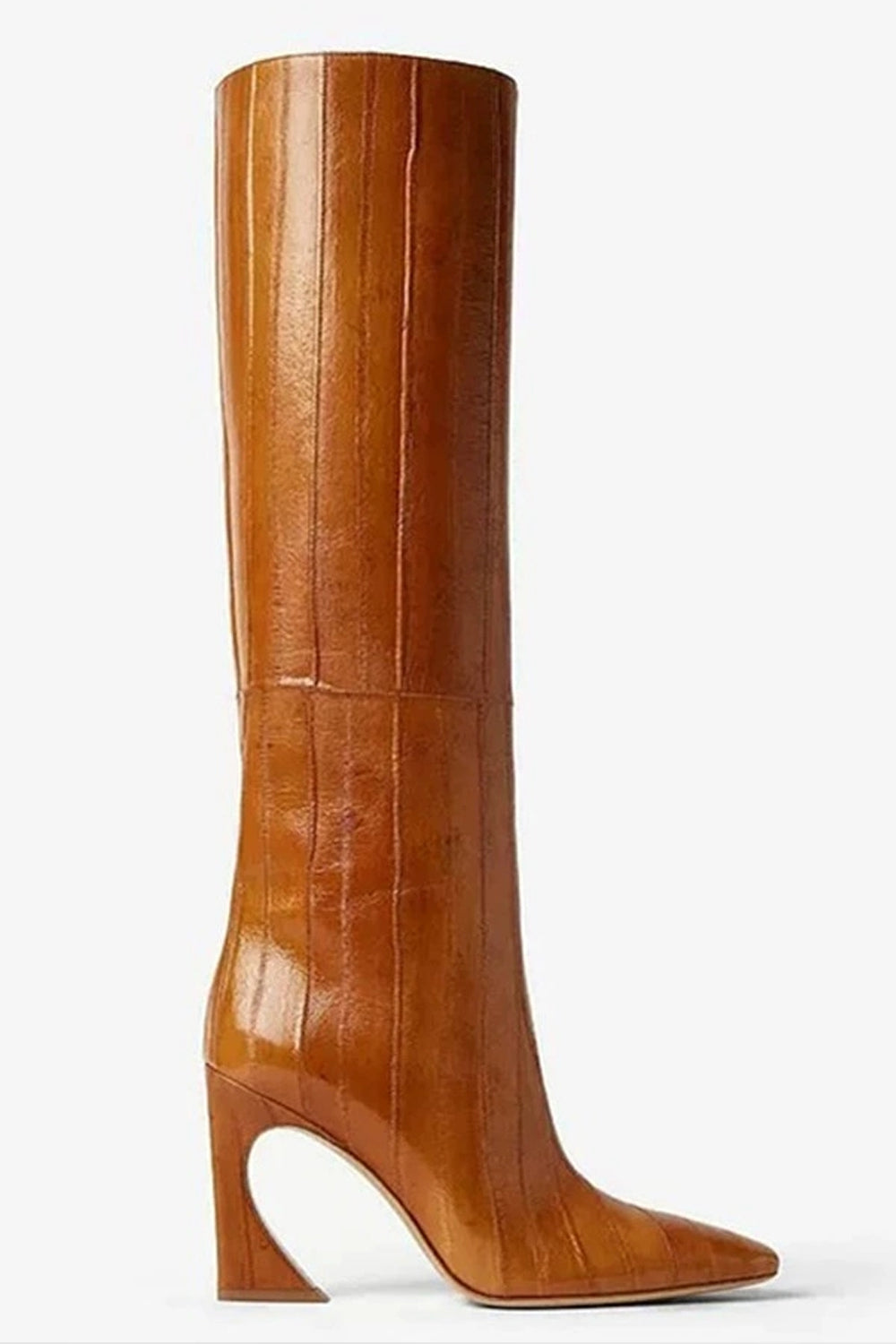 Brown Knee-High Fashion Boots with Square Toe Unique Heels