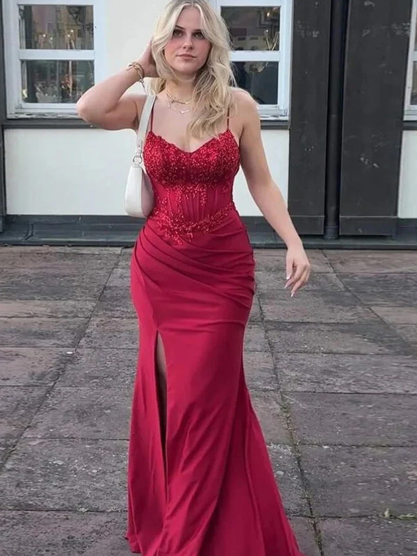 Burgundy Lace Elastic Satin Mermaid Slit Prom Dresses, CP1070