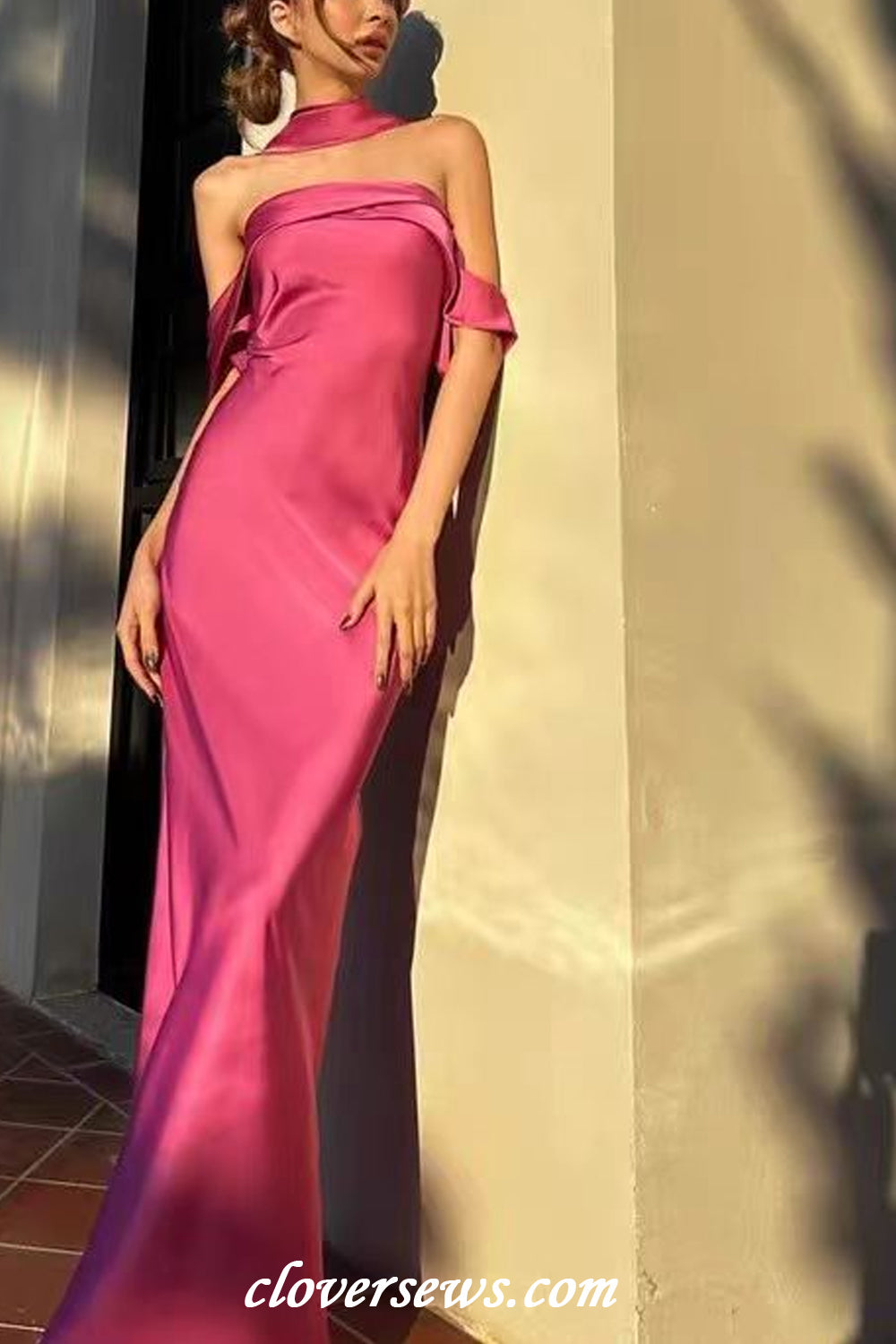 Champagne Gold Satin Mermaid Off The Shoulder With Scarves Long Brides clover sew Champagne Gold Satin Mermaid Off The Shoulder With Scarves Long Brides clover sew
