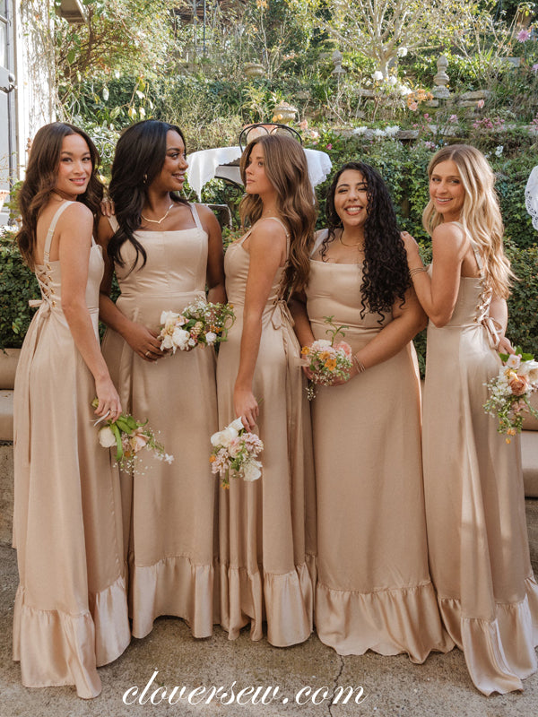 Champagne Satin Square Neck Sleeveless Column Long Bridesmaid Dresses, CB0292