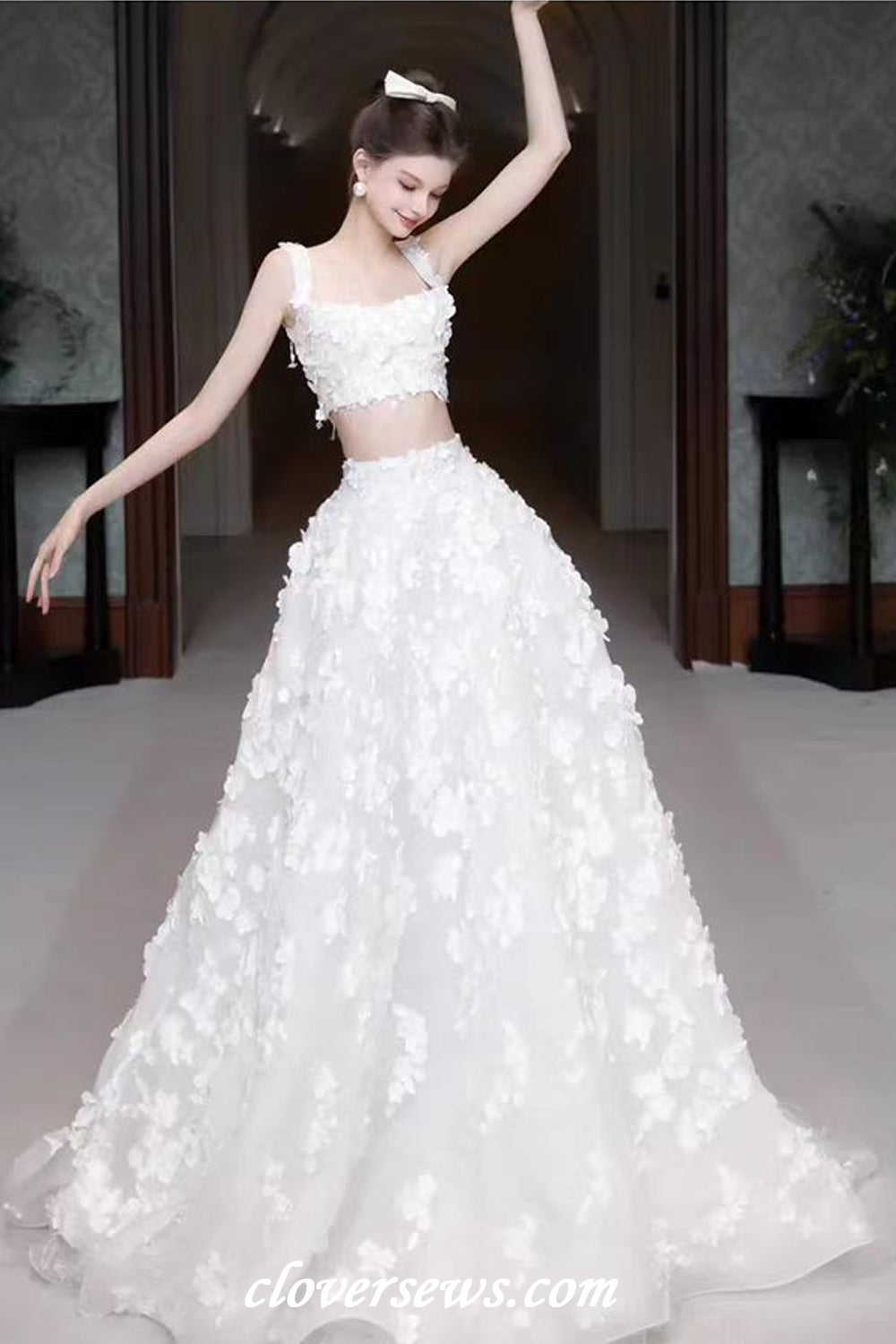 Charming Handmade Flowers Square Neck Two Piece A-Line Wedding Dresses, CW0400 US0 / Custom Color(Leaving A note) Charming Handmade Flowers Square Neck Two Piece A-Line Wedding Dresses, CW0400 US0 / Custom Color(Leaving A note)
