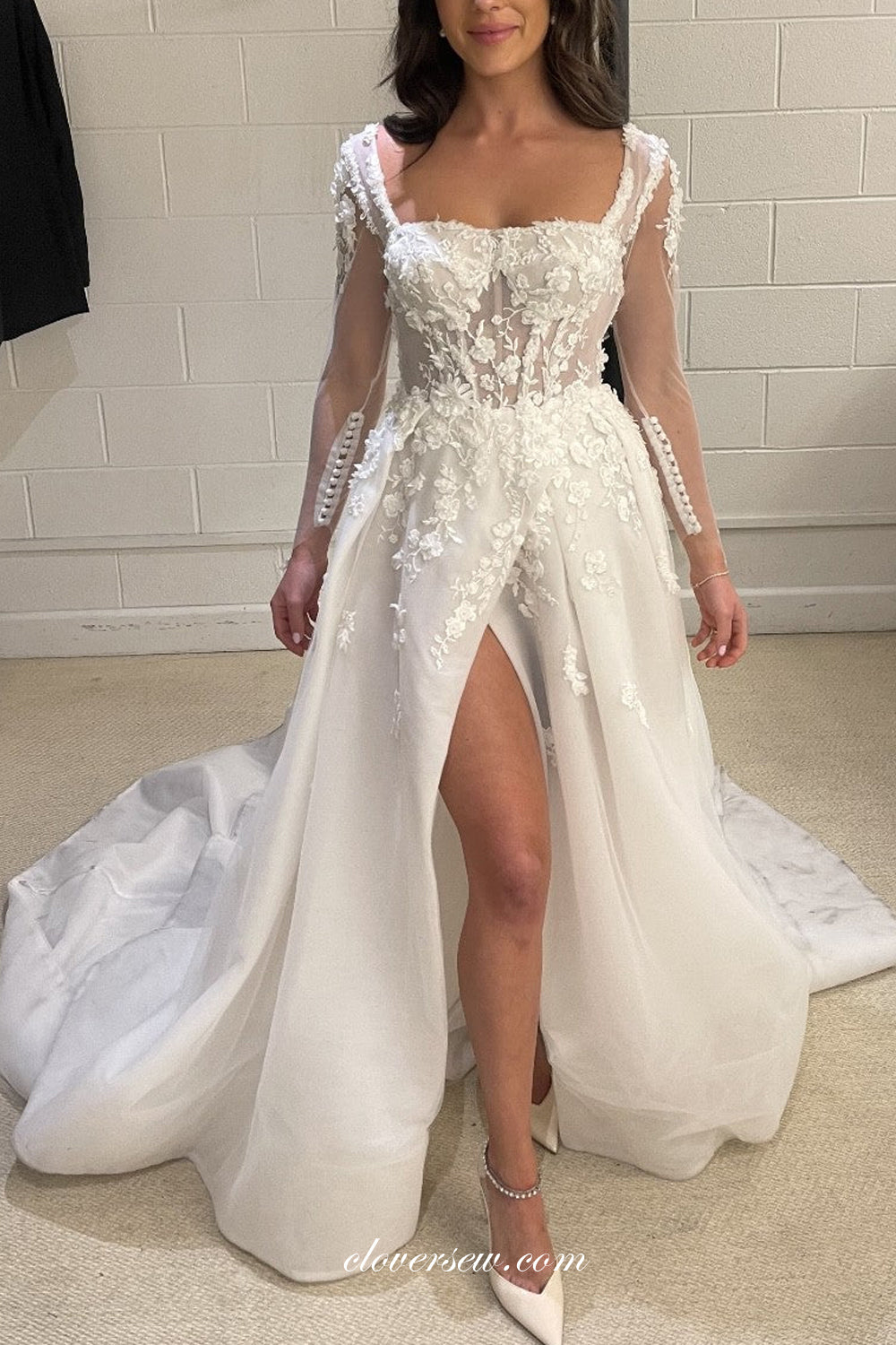 Charming Lace Applique Long Sleeves A-line With Slit Wedding Dresses clover sew Charming Lace Applique Long Sleeves A-line With Slit Wedding Dresses clover sew