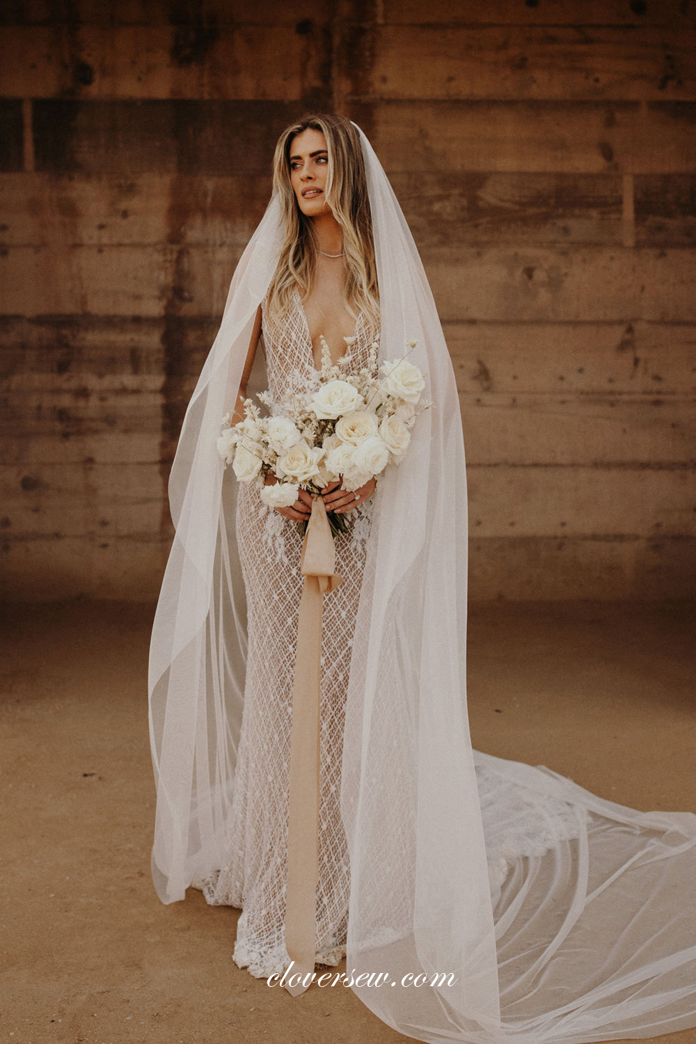Charming Lace Nude Linging Long Sleeves Mermaid V-neck Boho Wedding Dresses, CW0358