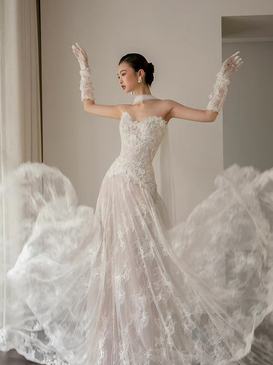 Charming Lace With Pearls Strapless A-line Wedding Dresses With Lace Gloves, CW0444