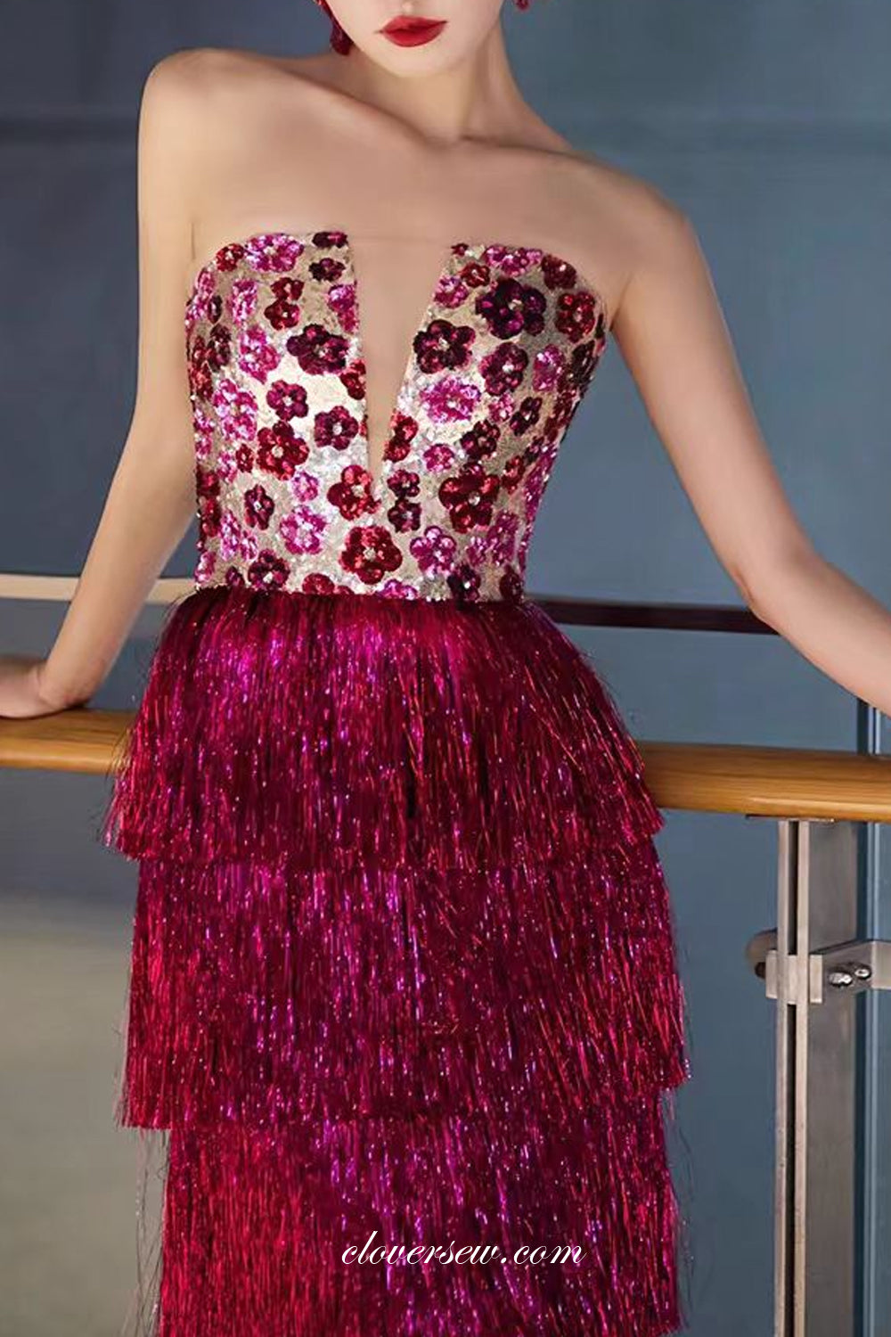 Charming Shiny Rose Pink Floral Sequin Strapless Tiered Mermaid Prom Dresses, CP1127