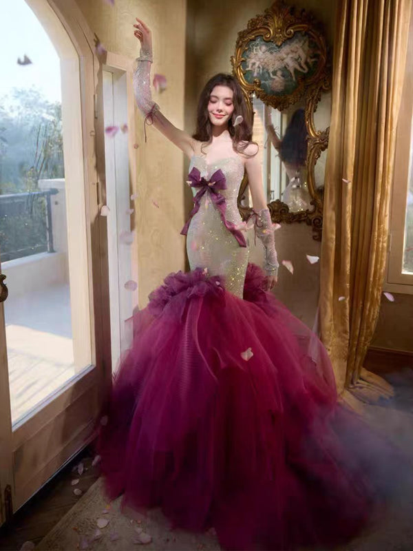 Charming Sparkly Strapless Bowknot Mermaid Prom Gown, CP1074