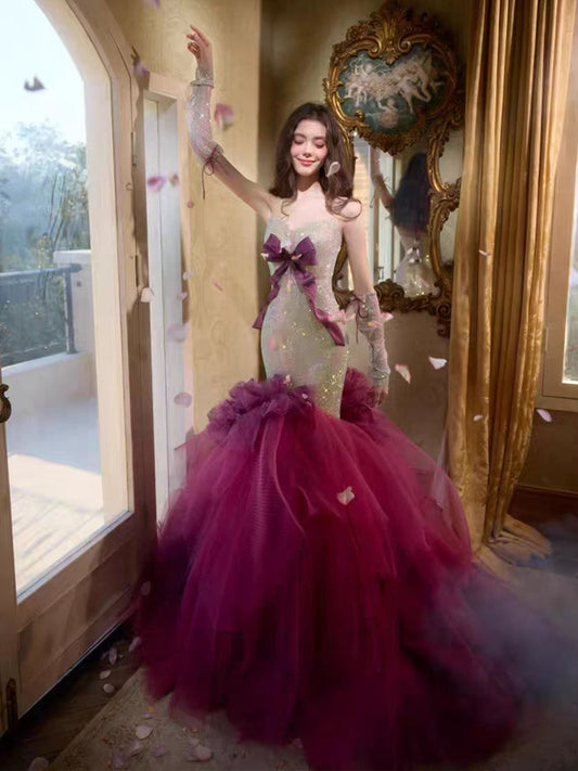 Charming Sparkly Strapless Bowknot Mermaid Prom Gown, CP1074