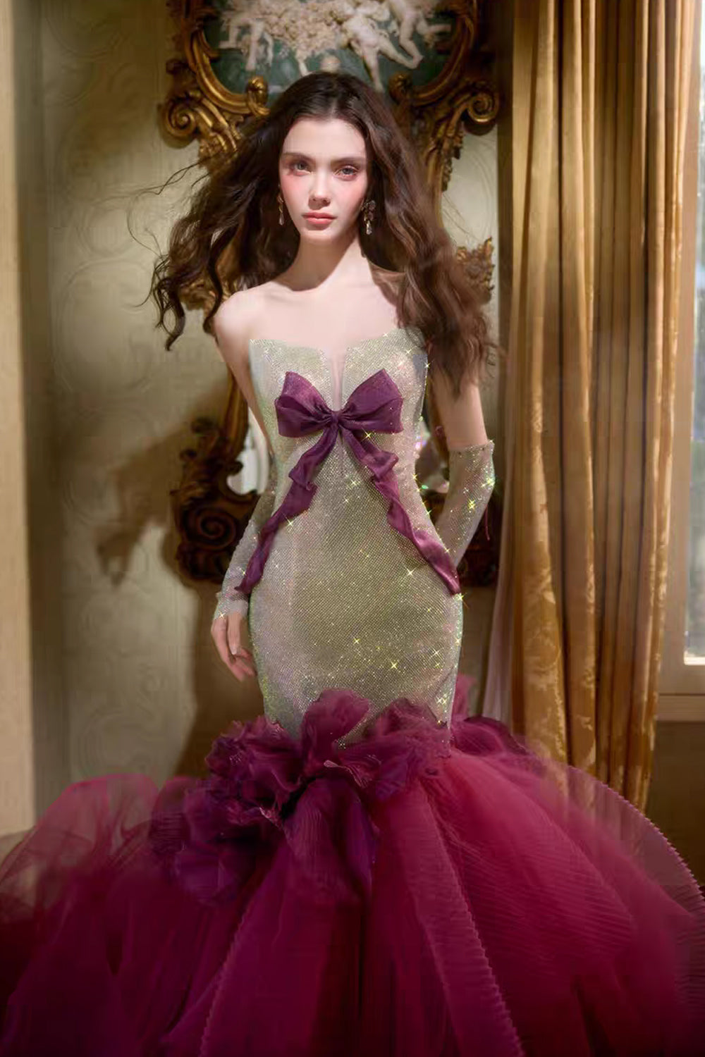Charming Sparkly Strapless Bowknot Mermaid Prom Gown, CP1074