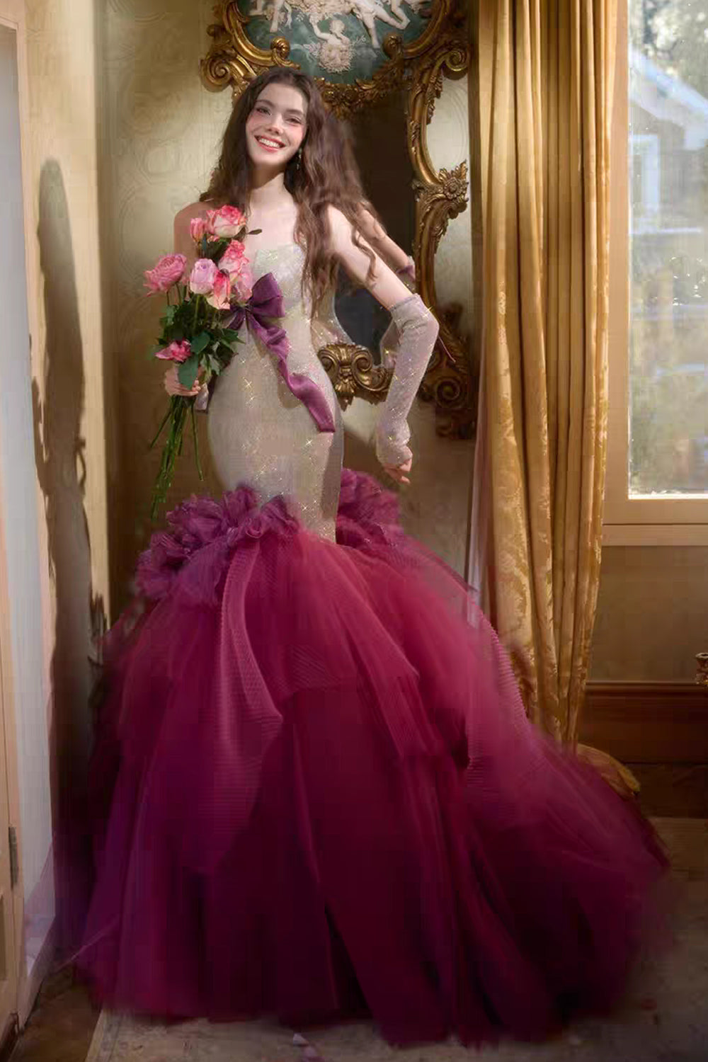 Charming Sparkly Strapless Bowknot Mermaid Prom Gown, CP1074