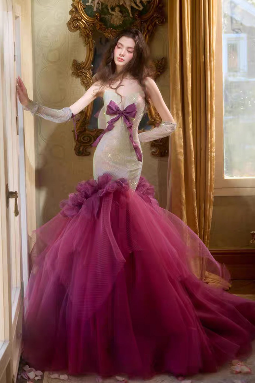 Charming Sparkly Strapless Bowknot Mermaid Prom Gown, CP1074