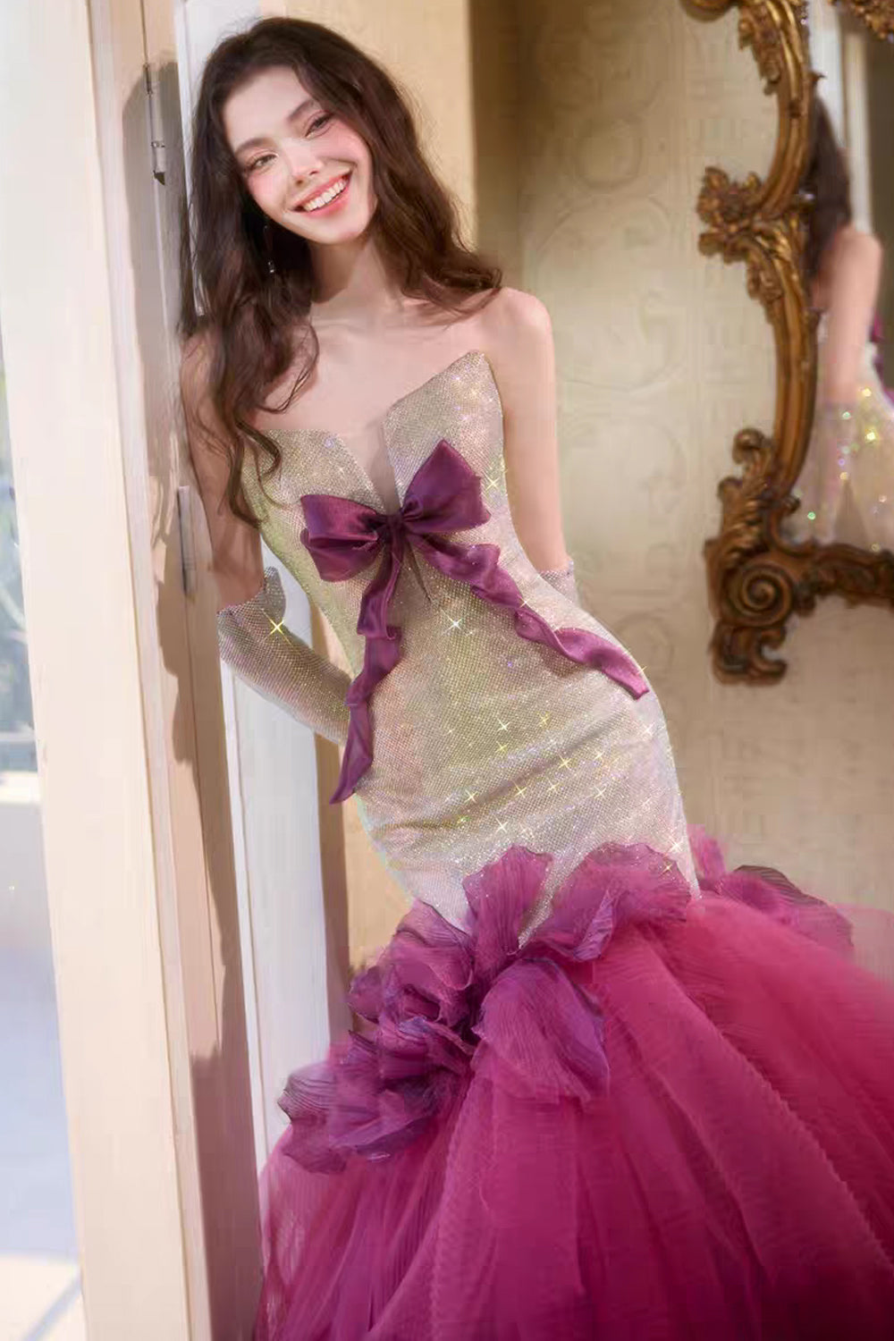 Charming Sparkly Strapless Bowknot Mermaid Prom Gown, CP1074