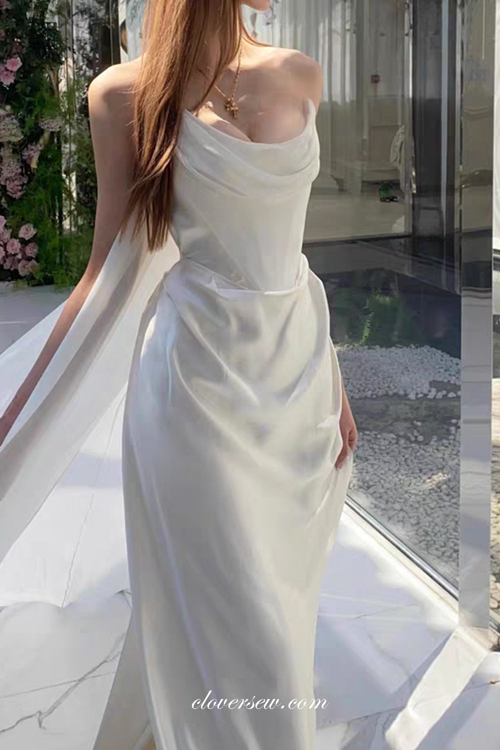 Chiffon And Silk Satin Strapless With Detachable Train Mermaid Beach Wedding Dresses, CW0383